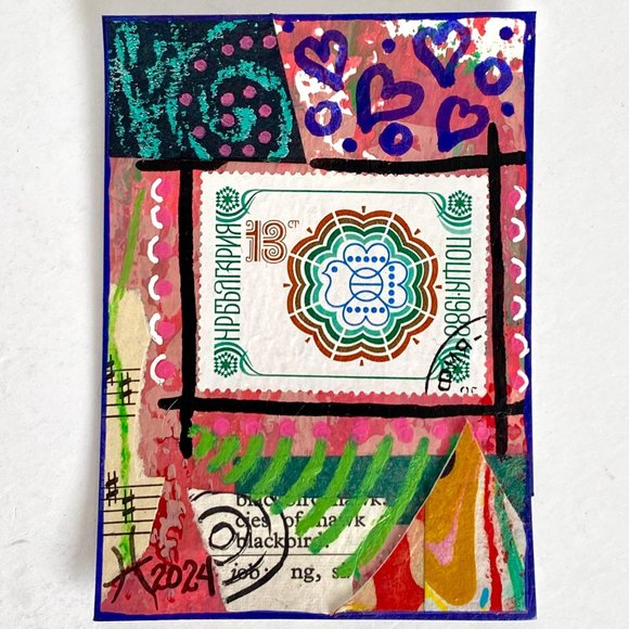 ACEO Original Collage Painting Vintage 80’s International Postage Stamp Art ATC - Picture 2 of 3